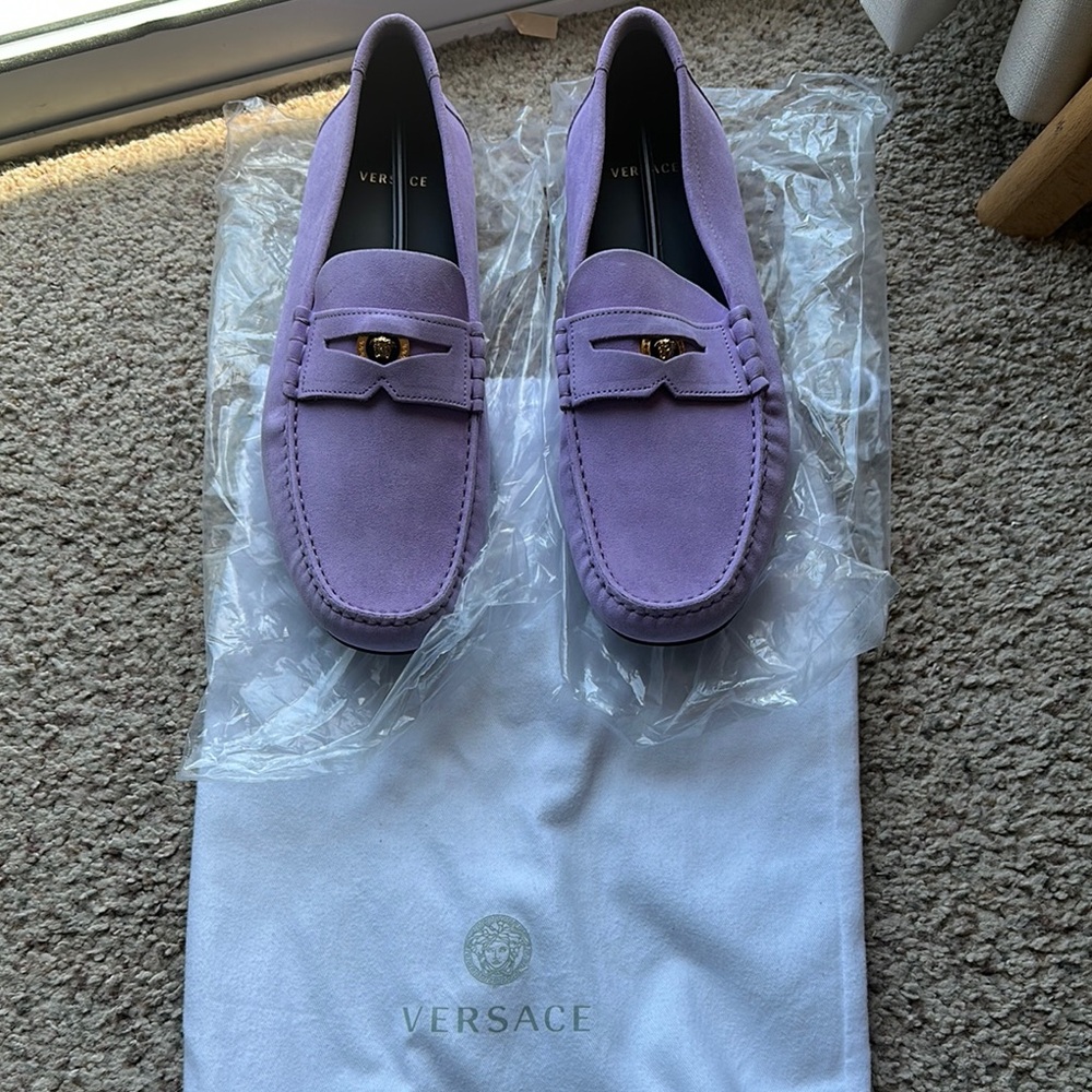 Versace Purple Suede Loafers with Horsebit Detail